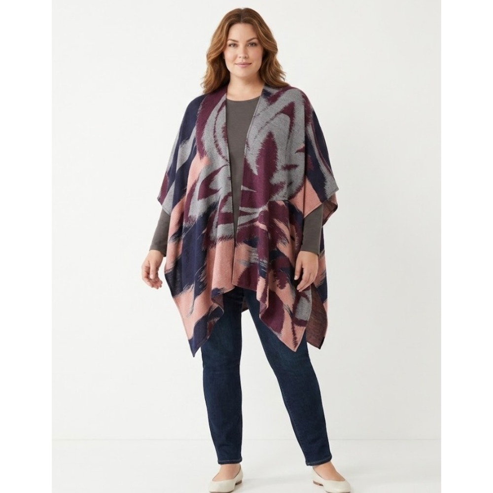 New Chico's Poncho One Size Brown Multi Abstract Artsy Kimono Vacation